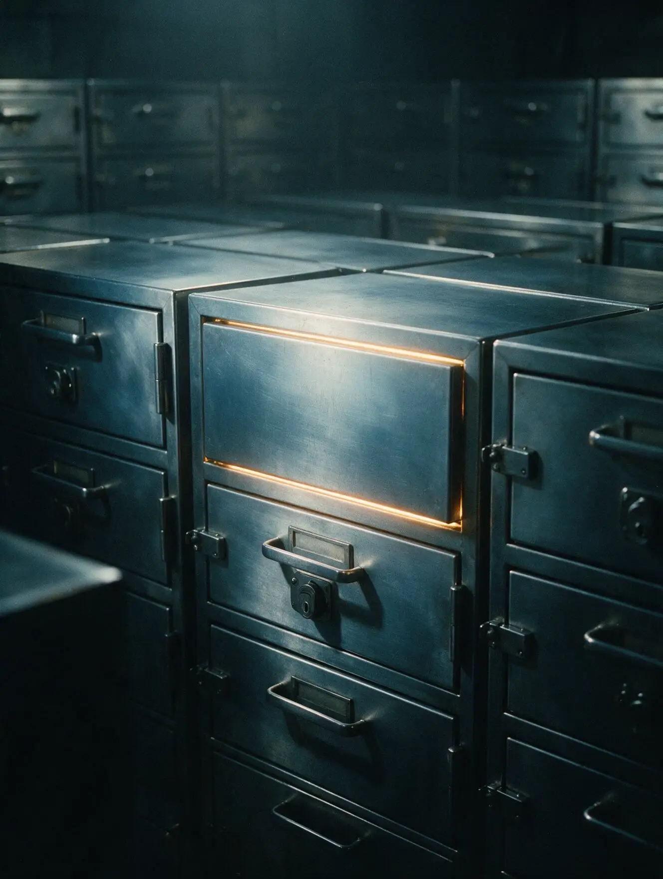Cajón de archivo de acero cerrado con cerradura, con una línea de luz ámbar brillando en la juntura.