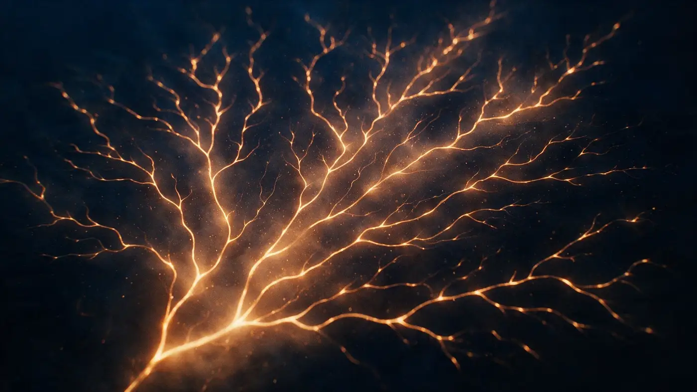 Estructura ramificada de finos filamentos de luz ámbar extendiéndose en la oscuridad como un delta.