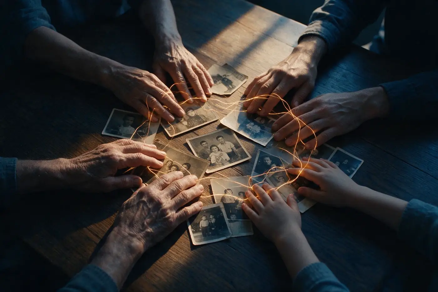 Manos de cuatro generaciones apoyadas sobre una mesa de roble alrededor de fotografías antiguas, unidas por finos hilos de luz ámbar.