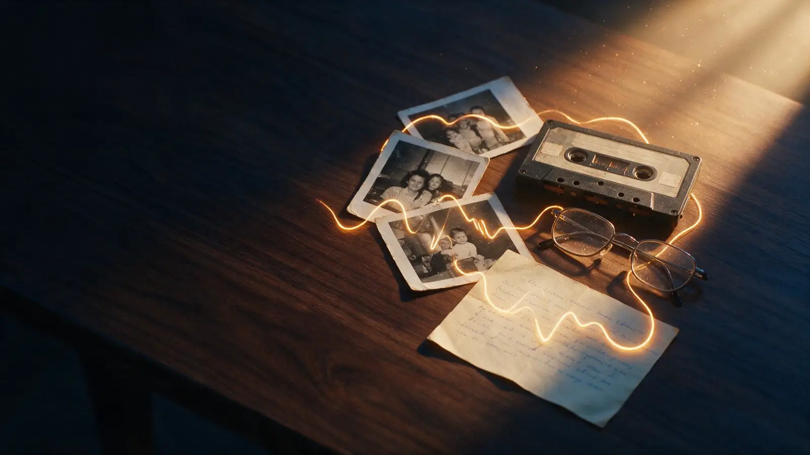 Fotografías antiguas, una cinta de casete, unas gafas y una carta manuscrita sobre una mesa de madera oscura, atravesadas por un hilo de luz ámbar.