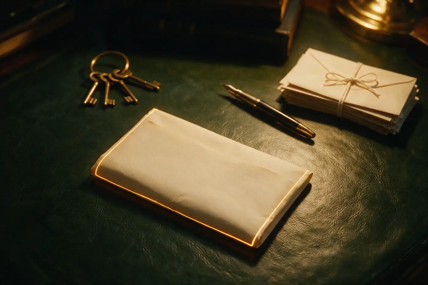 Escritura de propiedad doblada, un manojo de llaves de latón, una pluma y sobres lacrados sobre cuero verde oscuro bajo luz cálida.