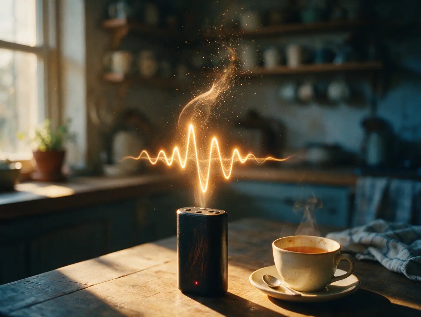 Un pequeño grabador negro sobre una mesa de cocina junto a una taza, con una cinta de luz ámbar en forma de onda elevándose desde él.